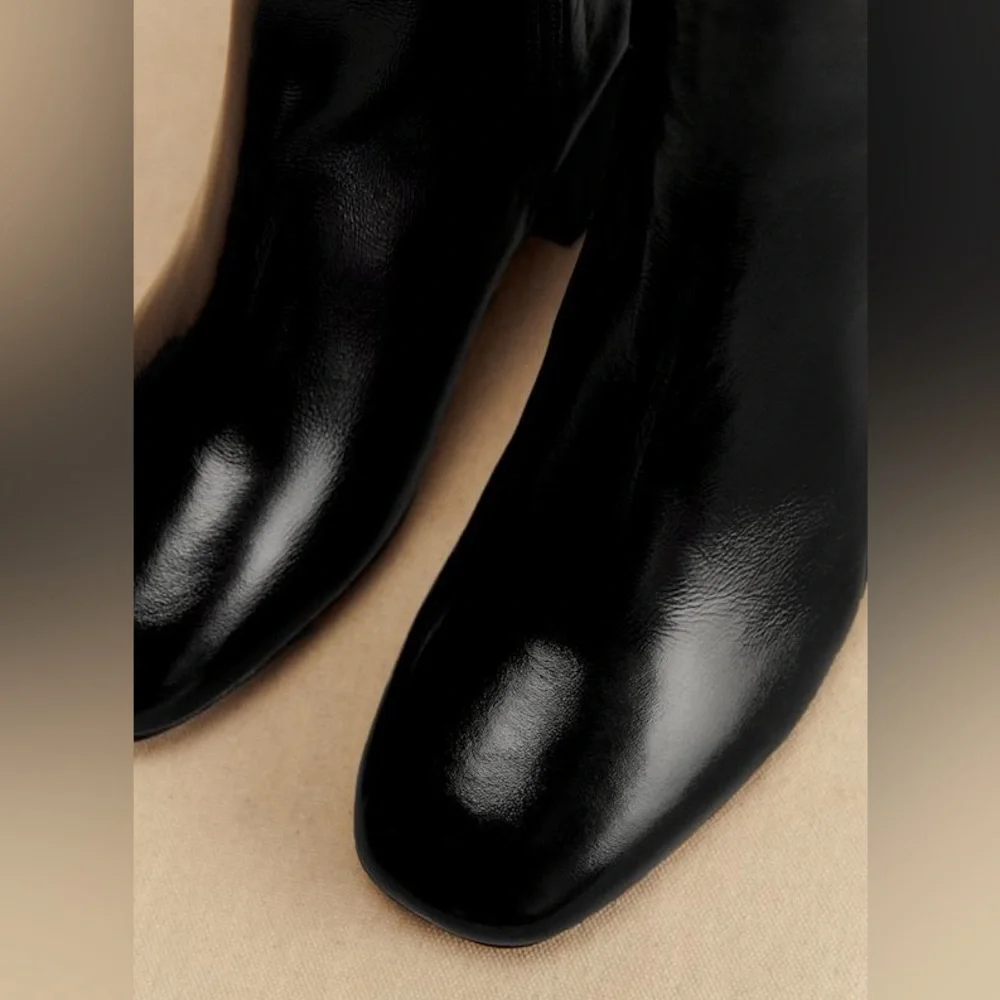 Sézane Leonie Mid Boots in Patent Black FR 38 / US 7
